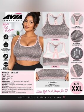 AVIA DRY-WORKS SPORTS BRA - GRAY/PINK SIZE XXL (NEW WITH TAGS) A4
